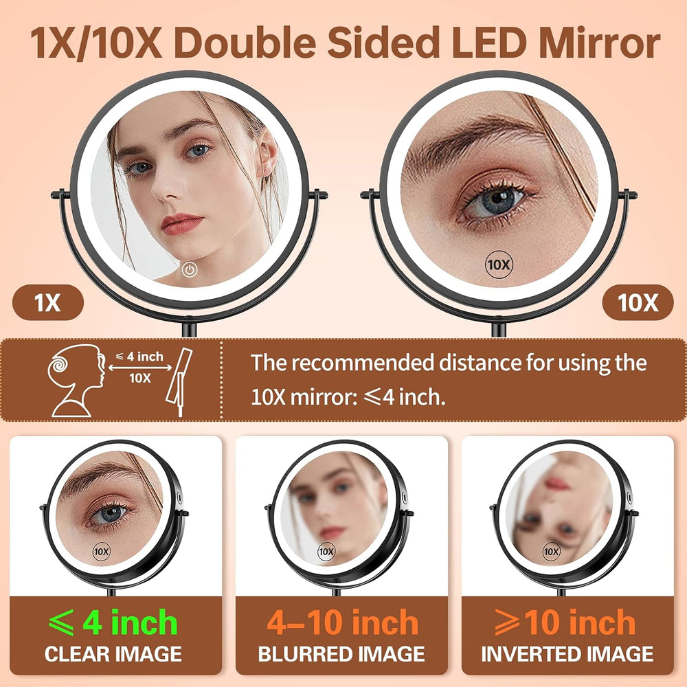 8 Inch Lighted Makeup Vanity Mirror with Lights 3 Color Dimmable, 1X/10X