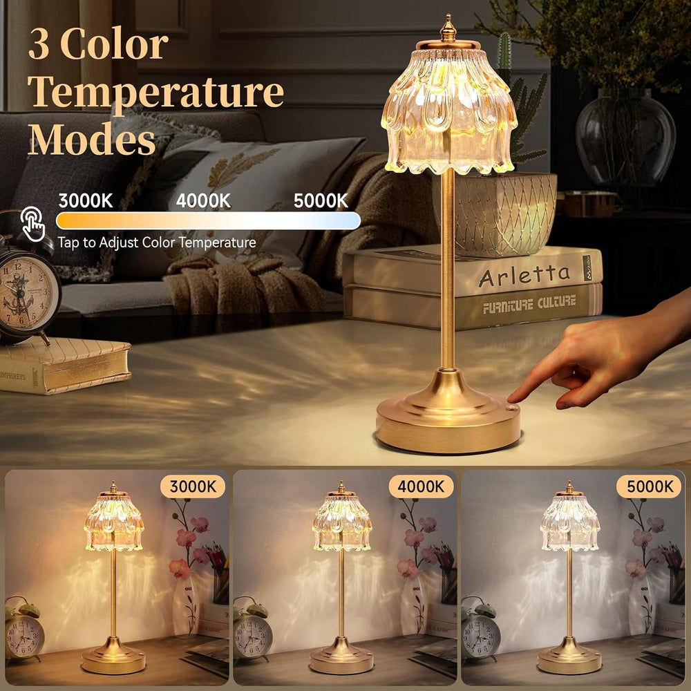 Rechargeable Cordless Table Lamp with Amber Glass, Gold Flower Table Lamp