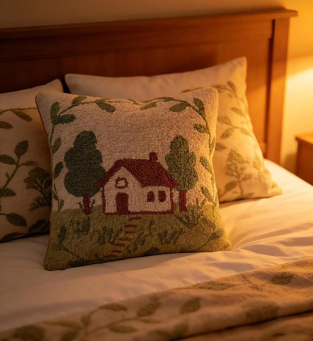 Cottage Tree Scene Hand-Hooked Throw Pillow Cover 16x16