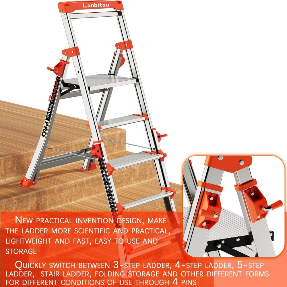 LANBITOU 5 Steps Aluminum Portable Folding Ladder for Stairs Home 330lbs