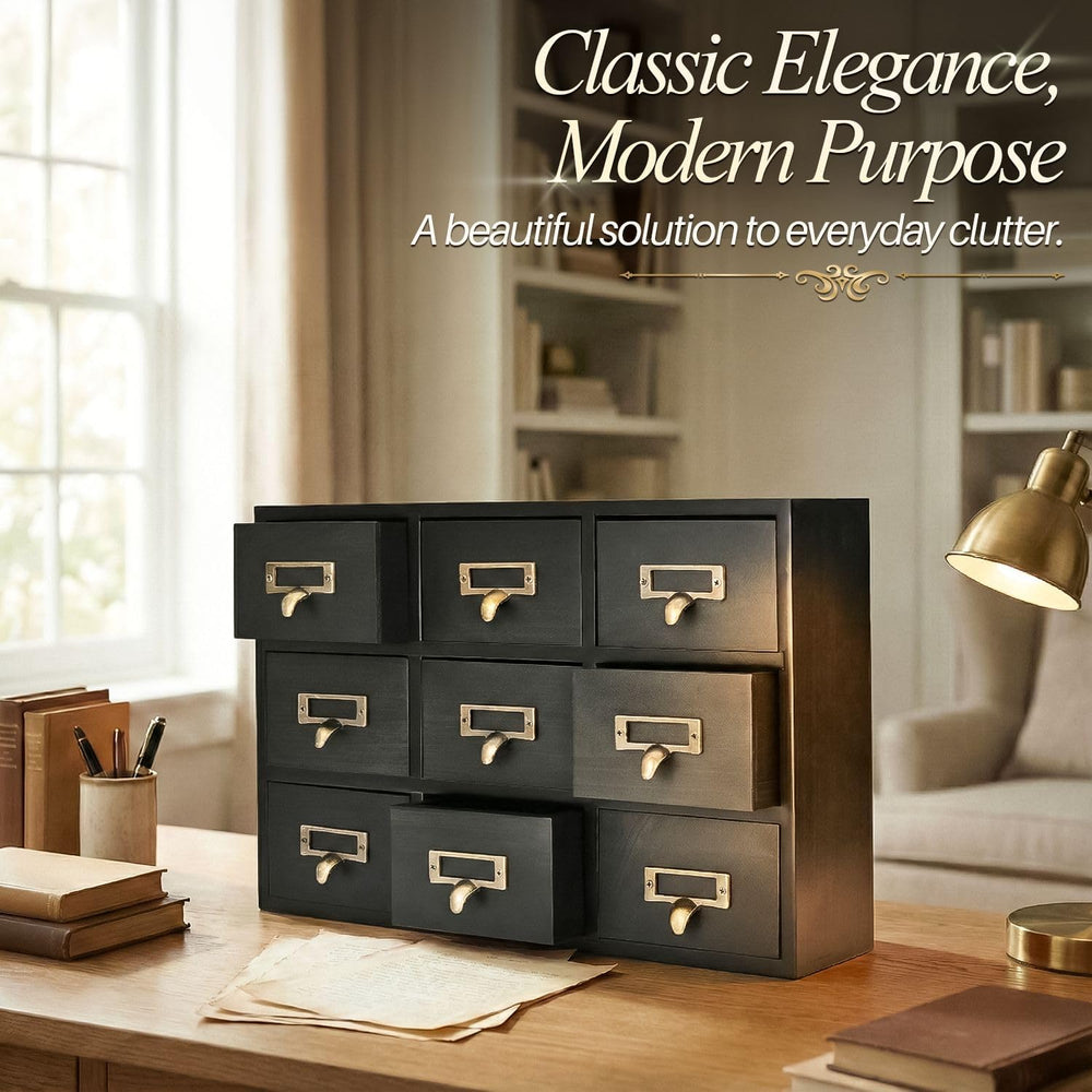 Flexzion Apothecary Cabinet with 9 Drawers, Black Card Catalog Cabinet