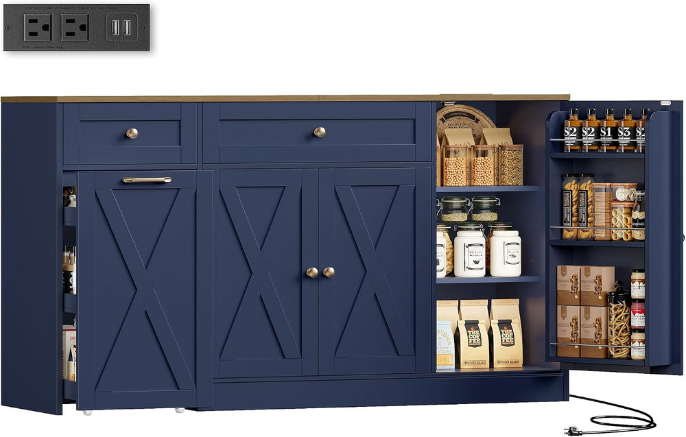 HOSTACK 59" W Kitchen Buffet Cabinet with Storage, Coffee Bar Cabinet, Blue