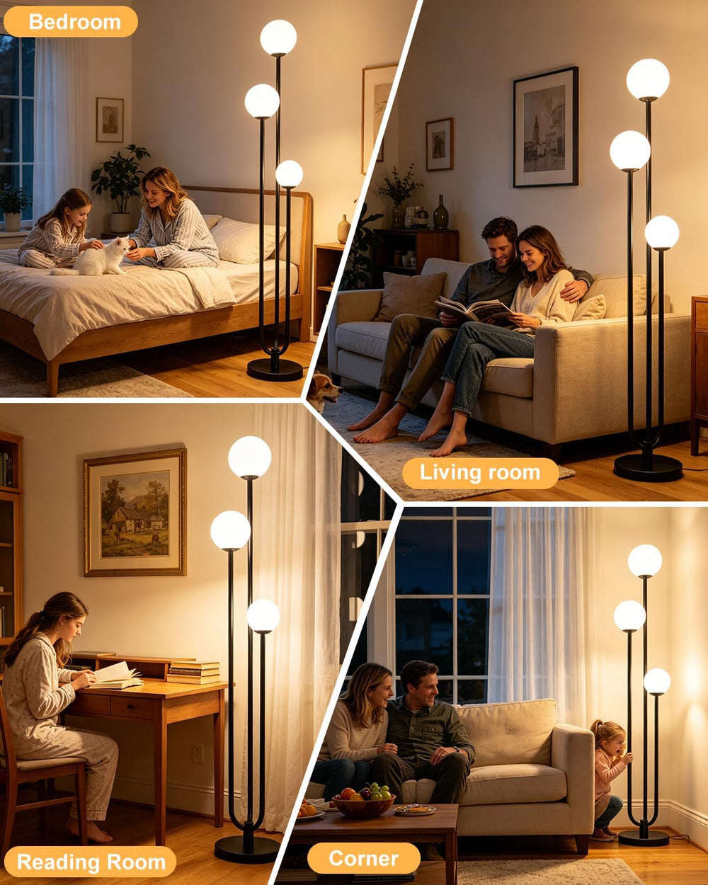 63IN 3-Light Dimmable Floor Lamp, Unique Black Tall Standing Lamps with 3000K...