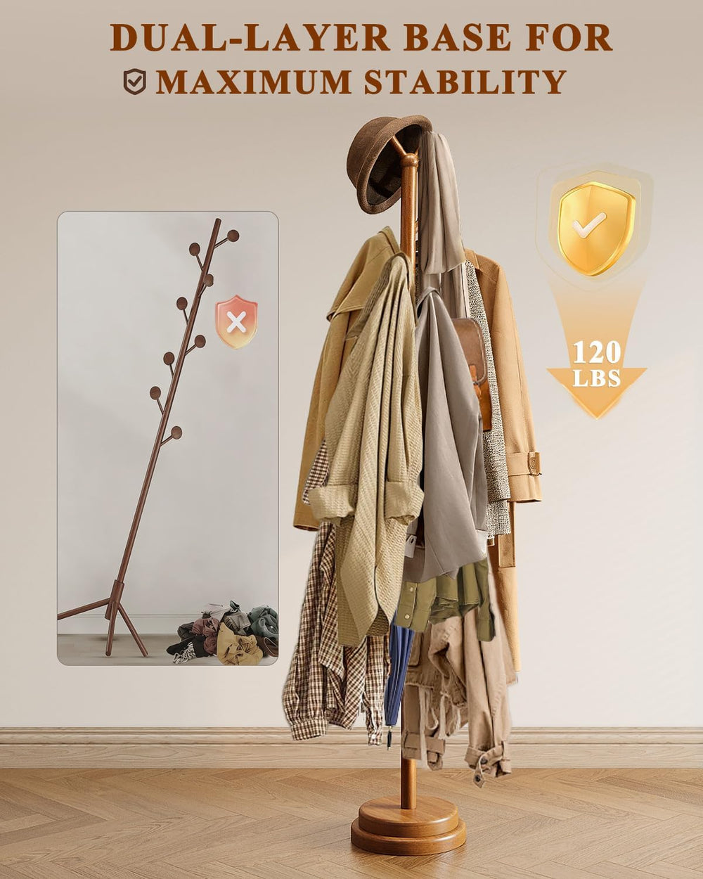 STARSAGA Solid Wood Coat Rack Freestanding Coat Tree with 8 Hooks