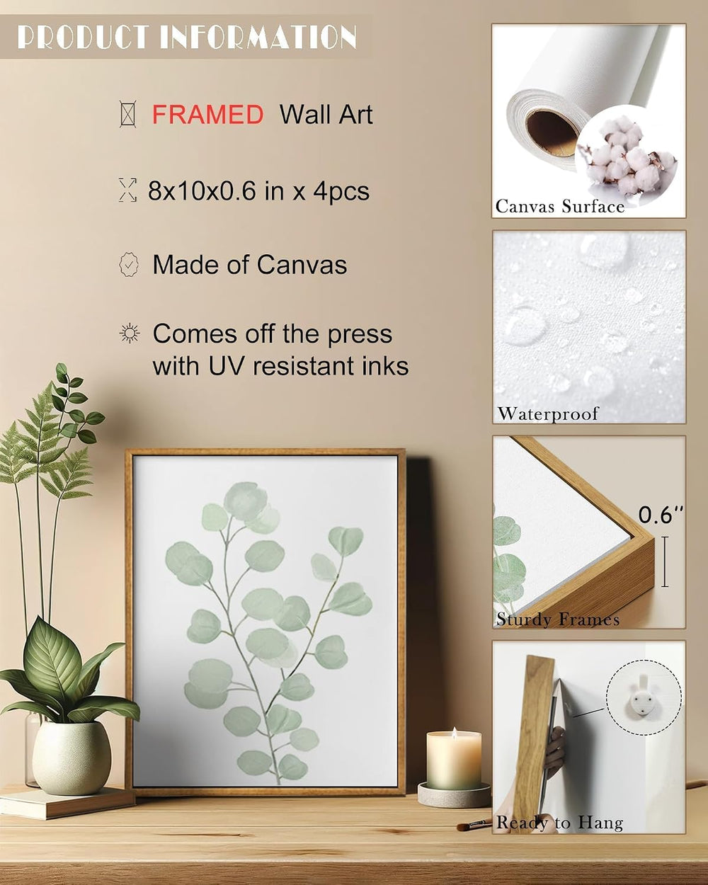 Drsoum Framed Botanical Plant Canvas Wood Wall Art Light Green Sage Wall Deco...