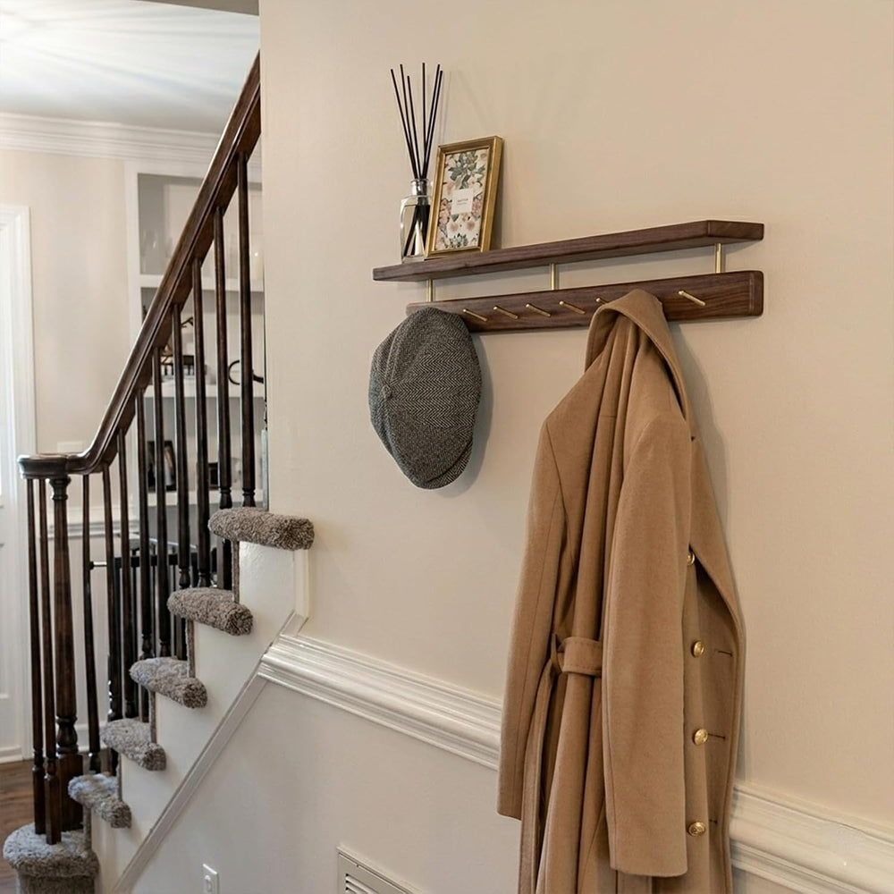 Walnut Wood Coat Rack with Shelf, Wall Mounted Rack with 5 Hooks