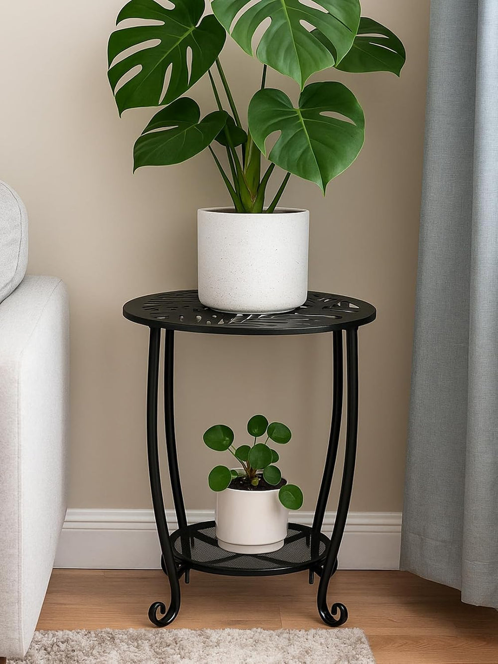 2-Tier Metal Round Side Table Set of Two Black Accent Coffee Tables Small Spa...