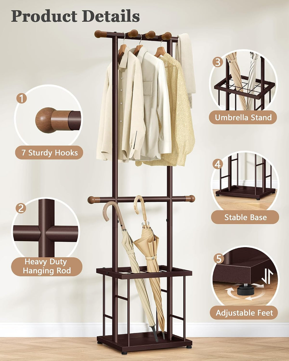 FAVOOSTY Coat Rack Freestanding with Umbrella Holder for Entryway, Bronze