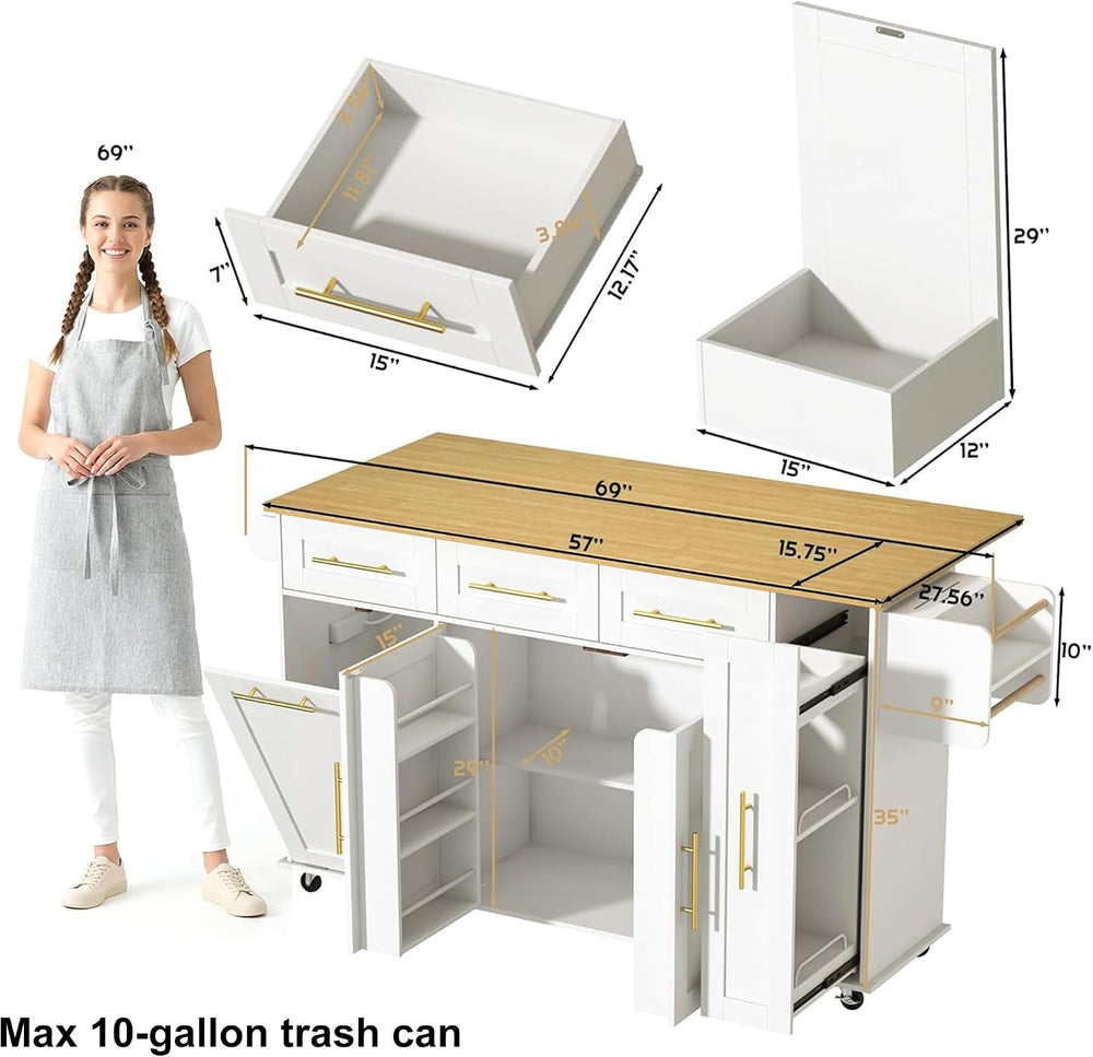 St.Mandyu 69" Large Kitchen Island on Wheels, Kitchen Rolling Island Car...