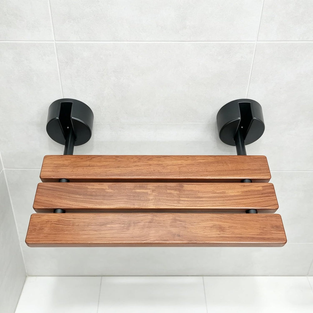 DIYHD 20" Burmese Teak Wood Wall Mounted Folding Shower Bench, Black