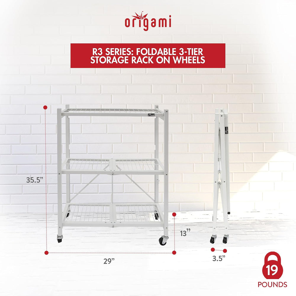 Origami 3-Tier Foldable Storage Shelves, Heavy Duty Shelf Rack Unit with Whee...