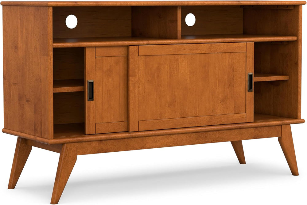 SIMPLIHOME Draper 54" Wide Solid Wood TV Stand in Teak Brown
