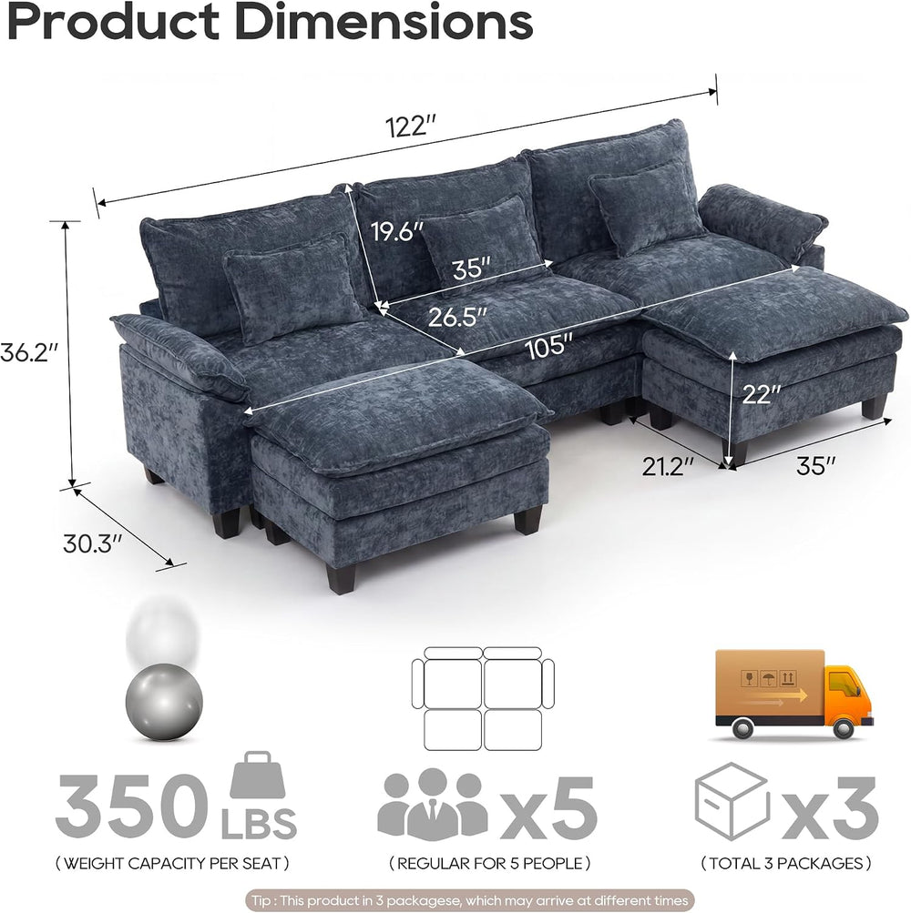 URRED Oversized Modular Sectional Sofa,Blue:122" U Shaped