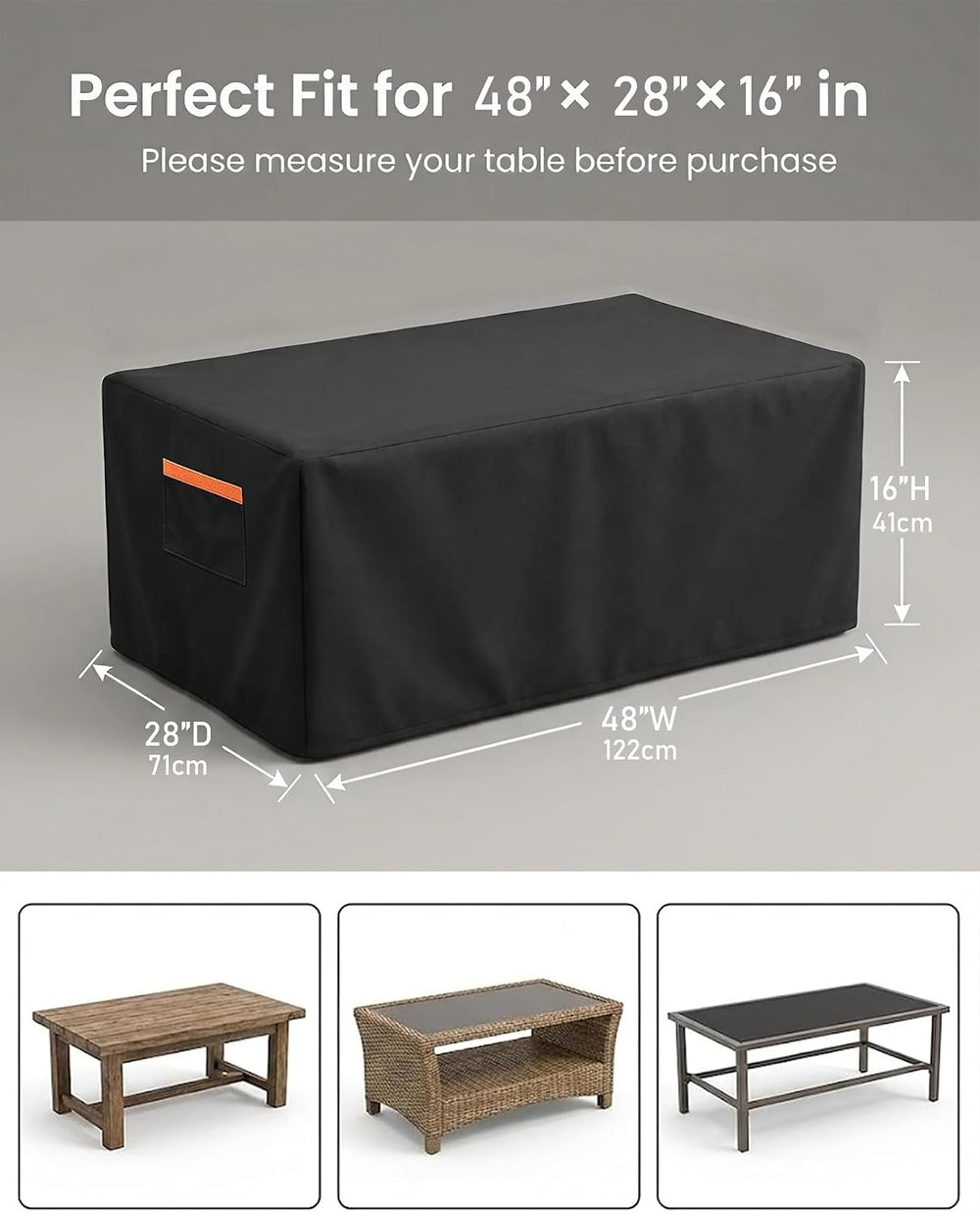Outdoor Coffee Table Cover Waterproof, 600D Heavy Duty, 48x28x16, Black