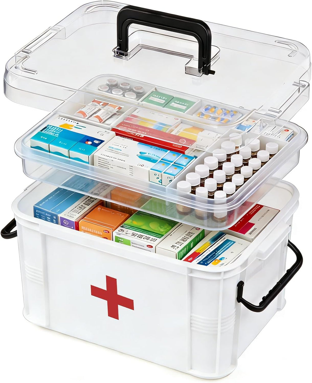 15QT Clear Medicine Organizer Box with Handle, Plastic Medicine Container wit...