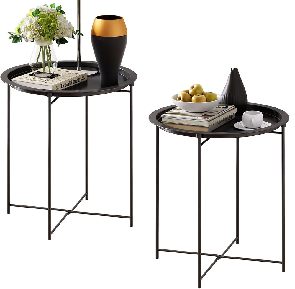 End Table Set of 2,Outdoor Side Table, Small Patio Round Folding Metal Black ...