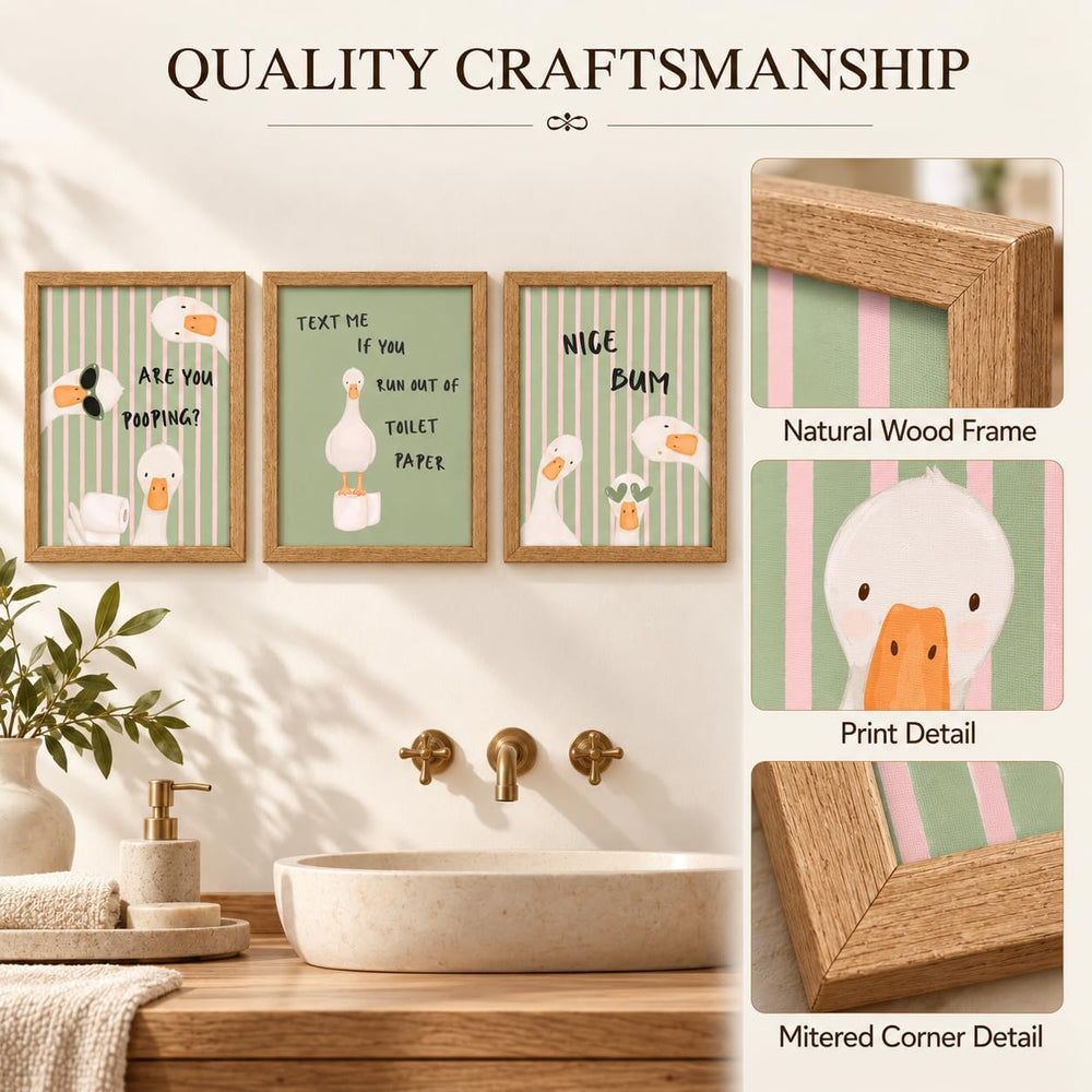 3 Piece Funny Duck Bathroom Wall Art Set Framed Canvas Posters 12x16 Inch