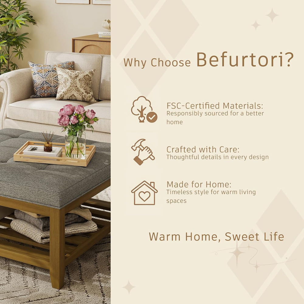 Befurtori Ottoman with Storage Bench, Linen Ottoman Coffee Table, Granite