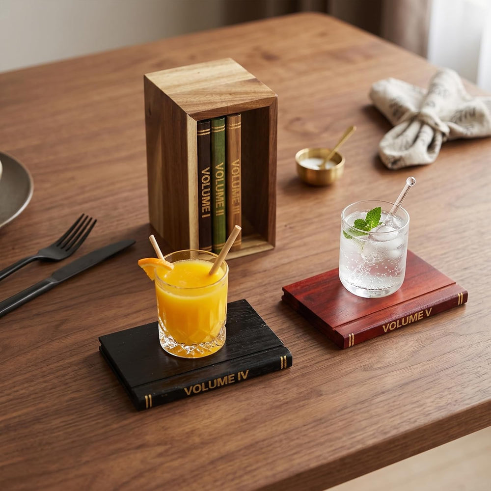 5 Pack Acacia Wood Drink Coasters with Holder for Coffee Table Decor