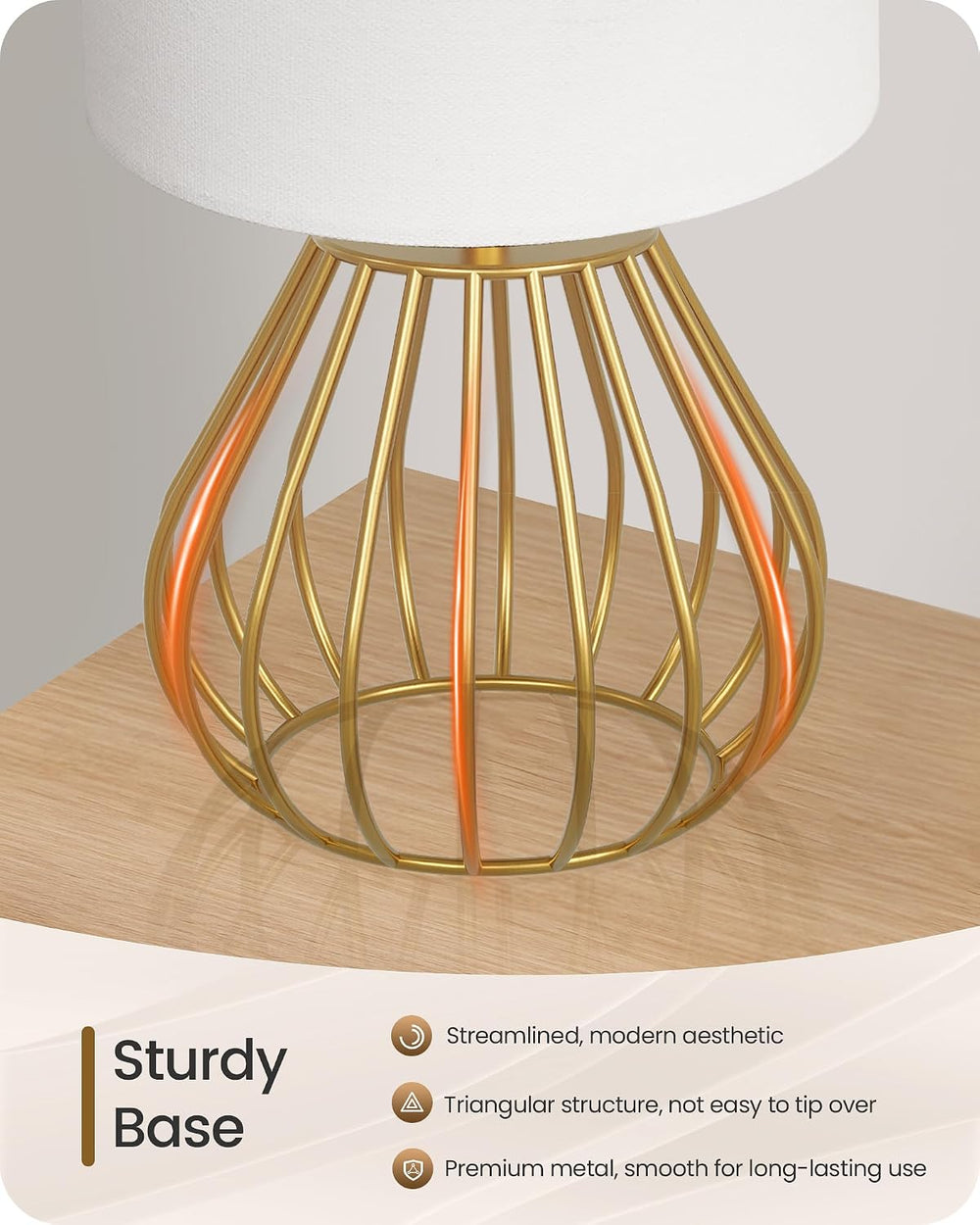 Gold Table Lamp Set of 2, Small Bedside Lamps Set of 2, 2700K LED Bulb Includ...