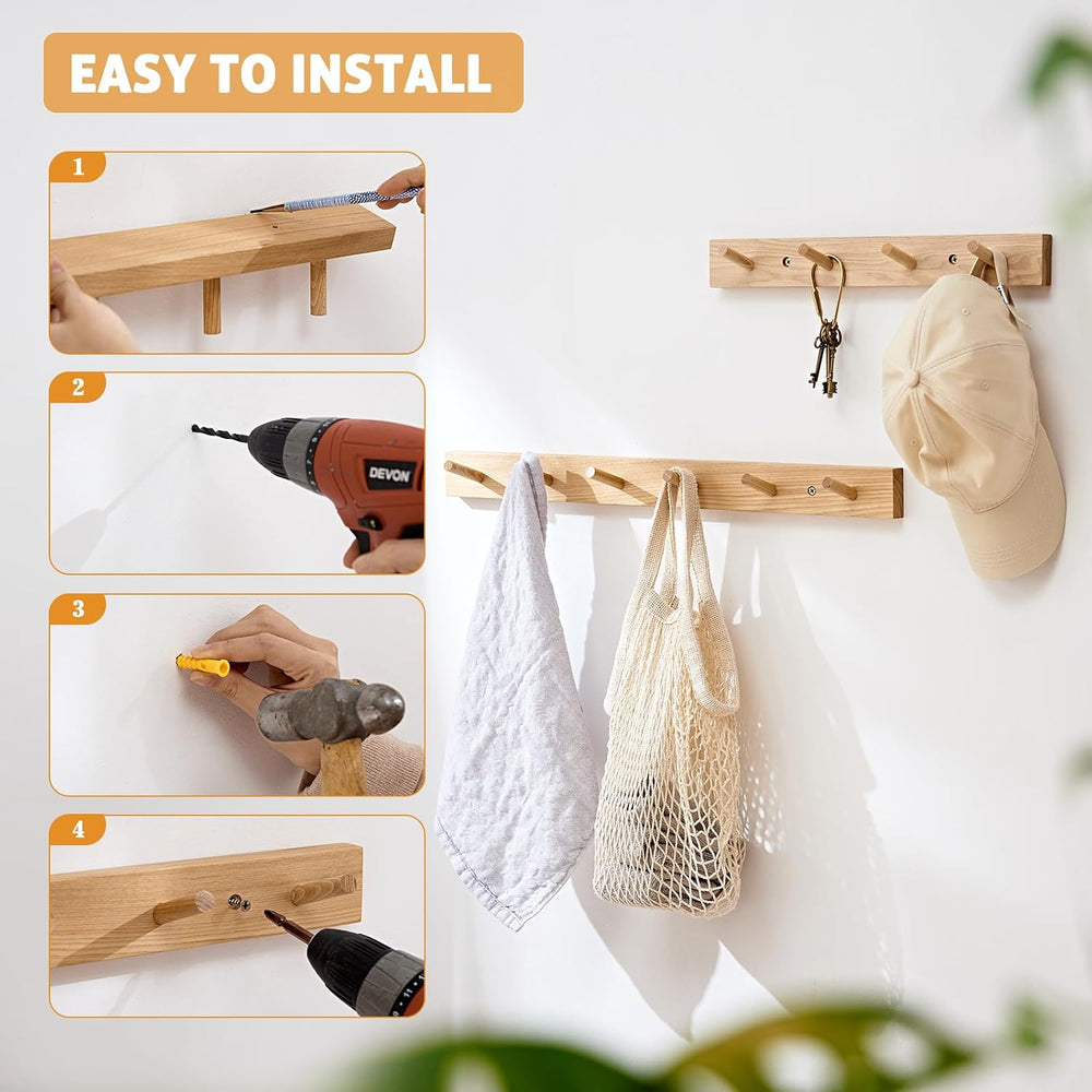 Wall Mounted Coat Rack 24 inches, Hickory Wood Wall Coat Hooks with 6 Hooks, ...