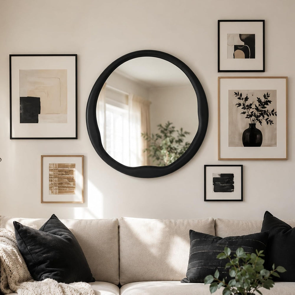 Matte Black 24 Inch Round Wood Wall Mirror, Asymmetrical Inner Edge