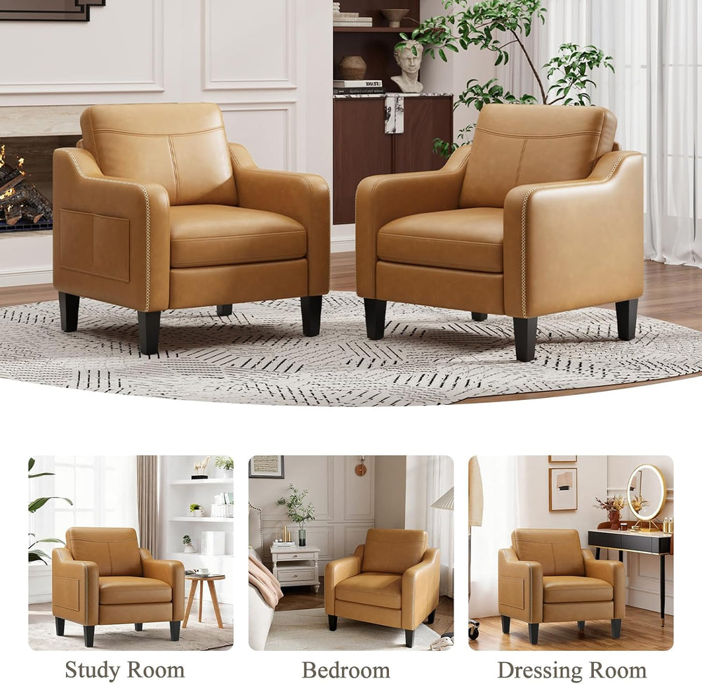 MALOL PU Leather Accent Chair Set of 2 with Solid Wood Frame, Brown