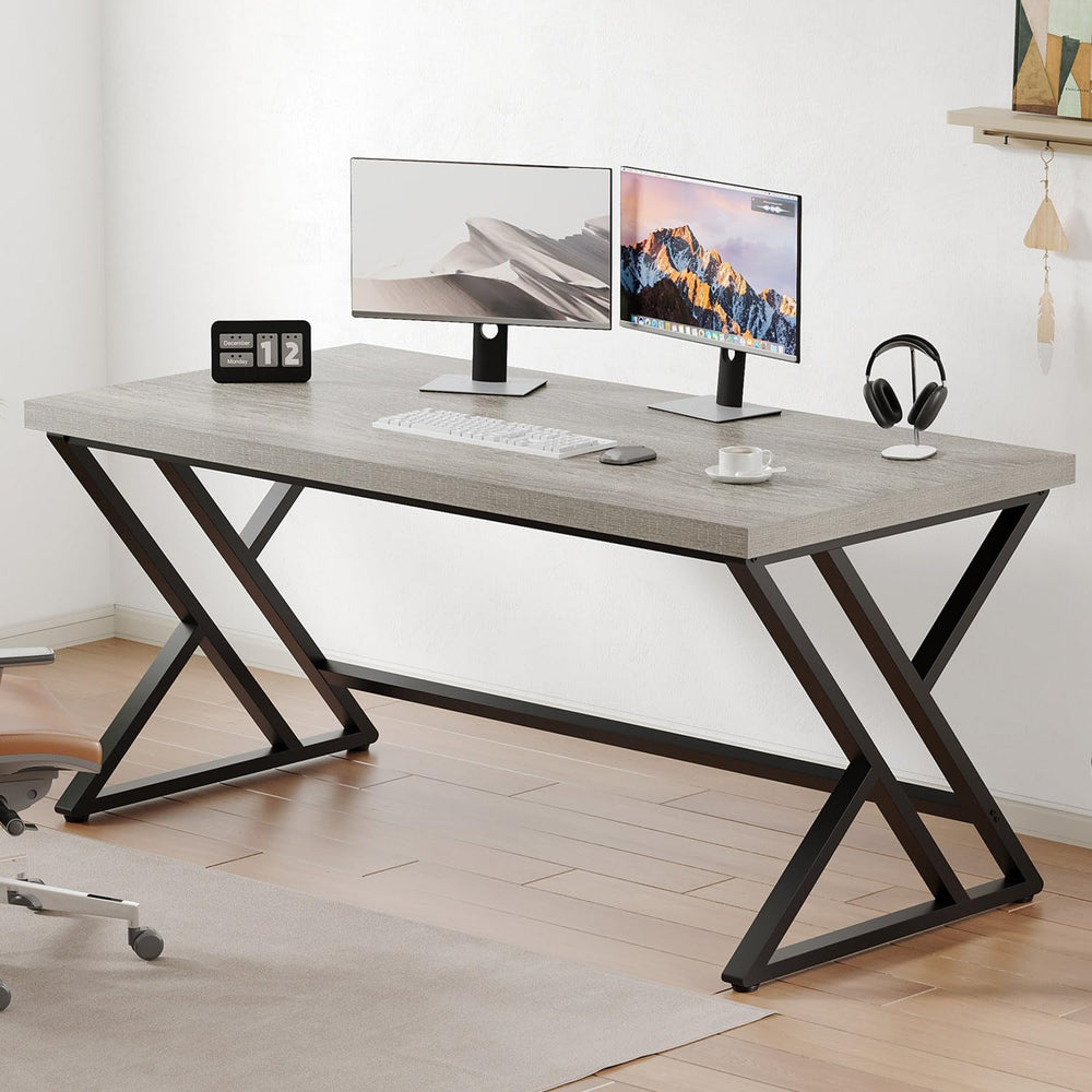 LVB 55 Inch Grey Modern Computer Office Desk Metal & Wood Writing Desks