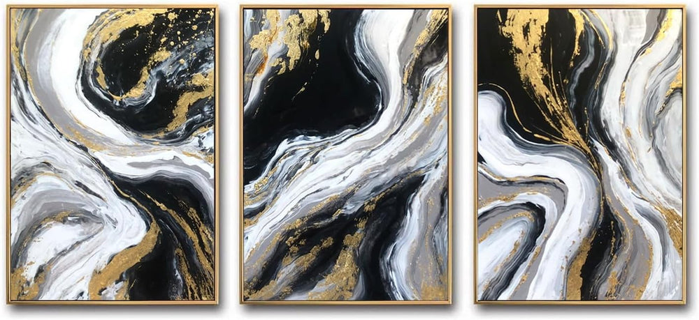 3D Textured Black and Gold Abstract Wall Art for Living Room, Hand Painted Se...