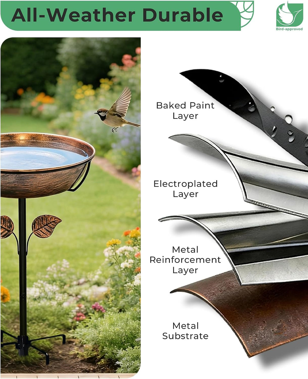 13" Metal Bird Bath for Outside 3" Deep Removable Bowl with Stake