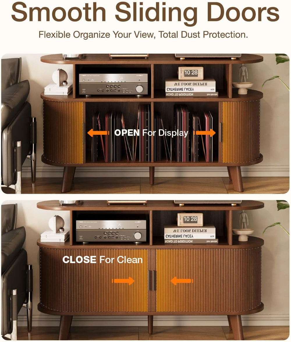 Large Record Player Stand with Sliding Doors, Fluted Media TV Stand