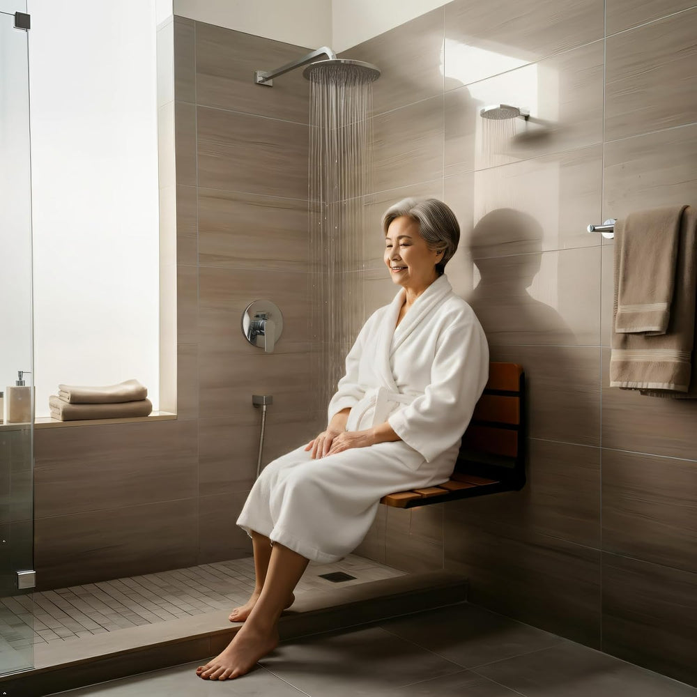 18 inch Teak Folding Shower Seat Wall Mounted Stainless Steel