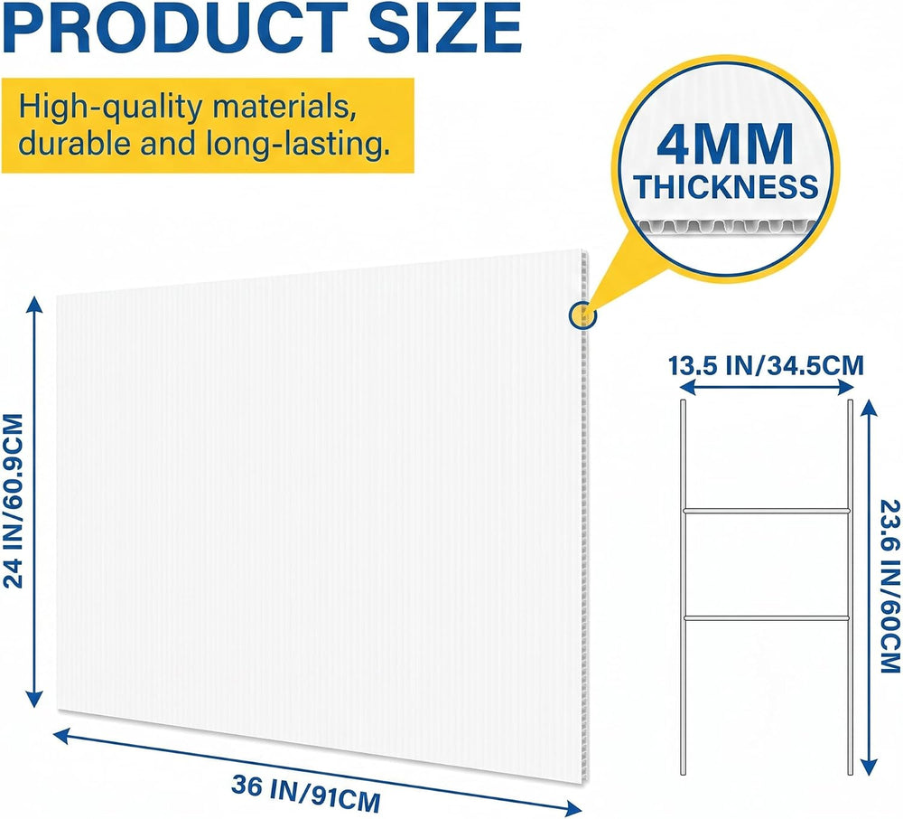 10 Pack Large Blank Yard Signs with Stakes 24x36 Inch, 4mm Thick Corrugated P...