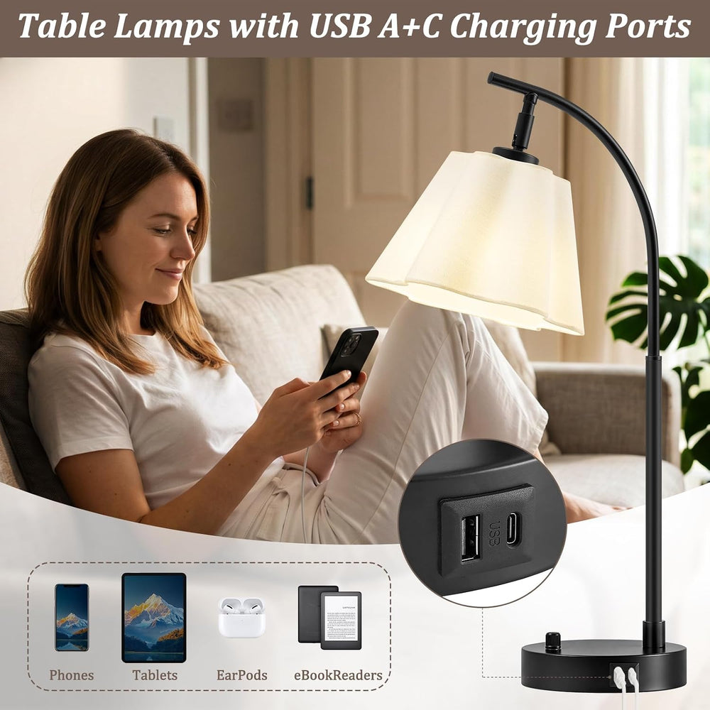 Table Lamps Set of 2, Stepless Dimmable Bedside Lamps with USB A&C Ports