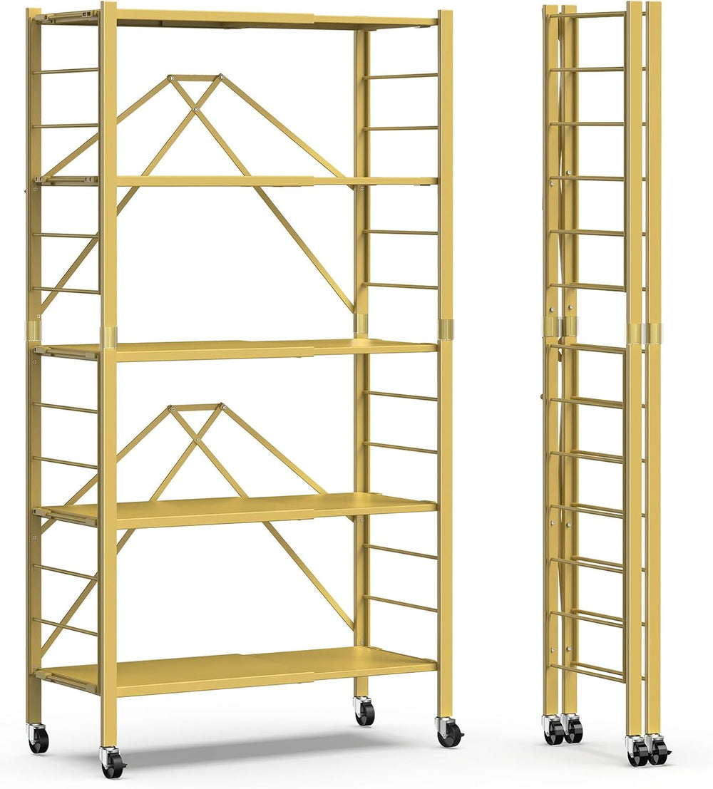 Himix 5-Tier Storage Shelf with Wheels Foldable Expandable Adjustable Gold