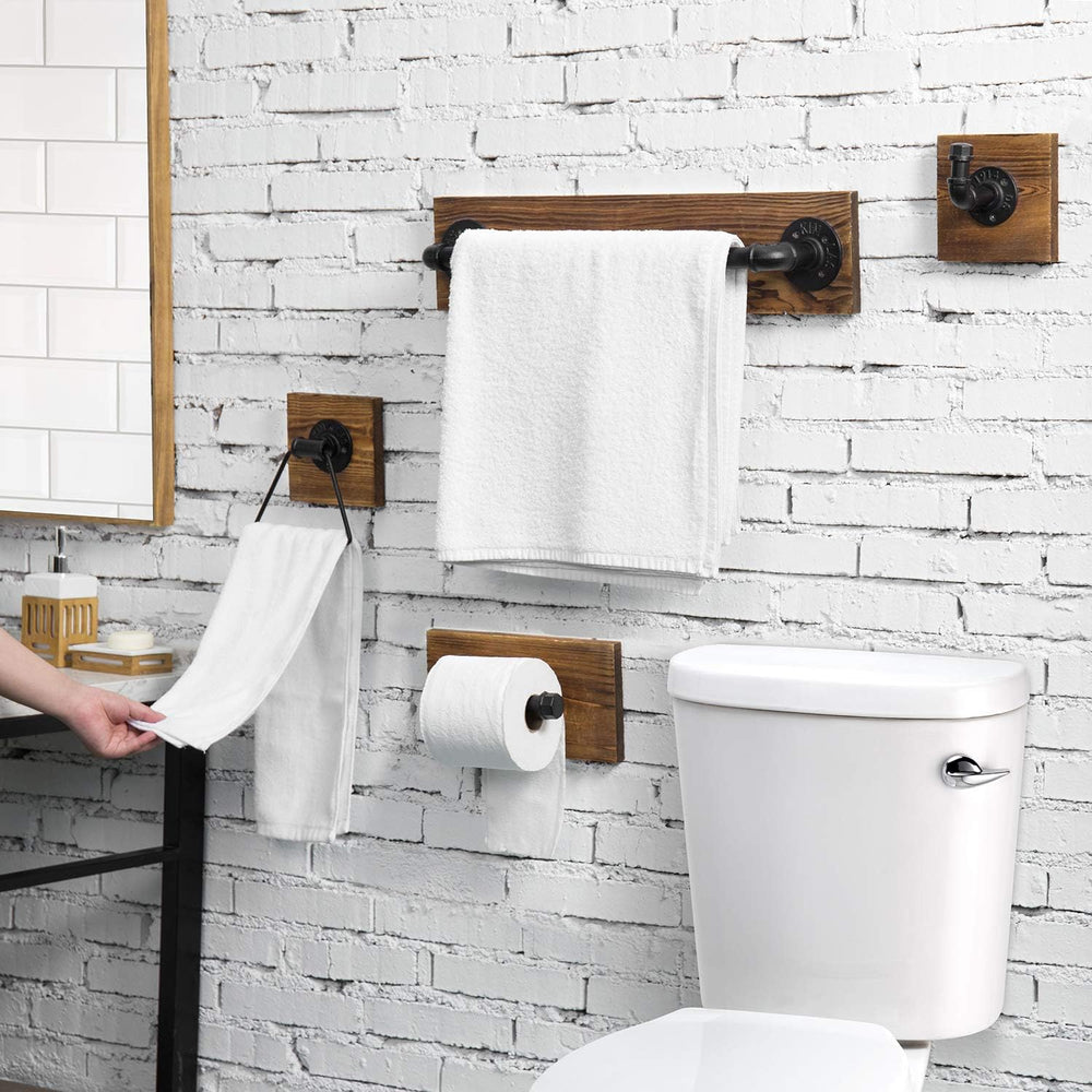 MyGift 4 Pc Bathroom Hardware Set with Burnt Wood & Matte Black Metal Pipe