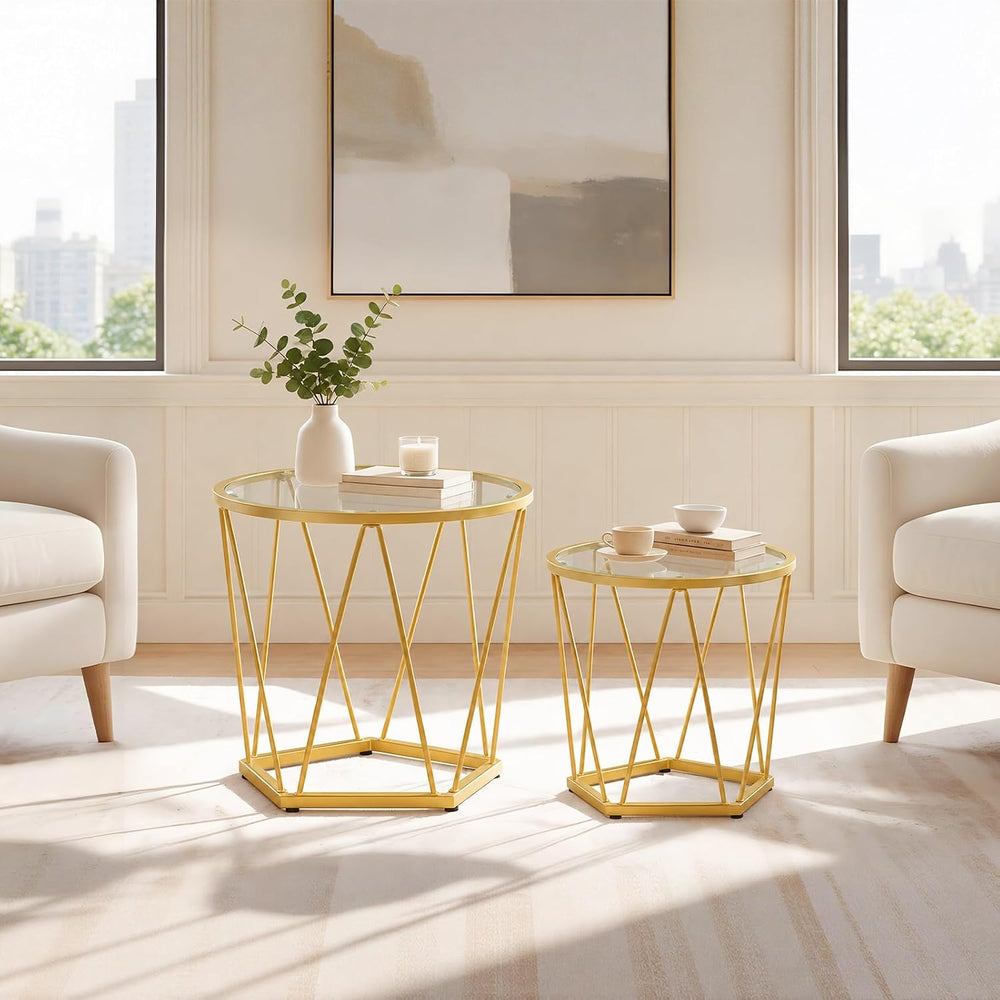 HOOBRO Small Round Coffee Table Set of 2, Modern Gold Side Tables