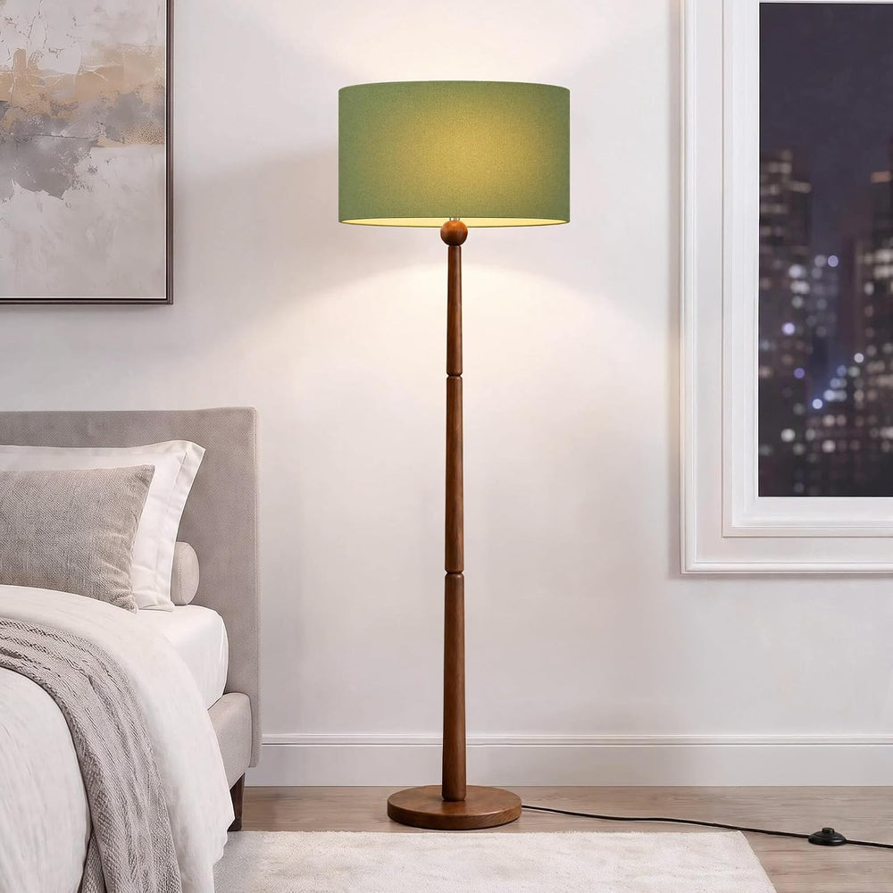 Buruis 65 Inch Single Ball Walnut Wood Floor Lamp with Linen Shade, Green