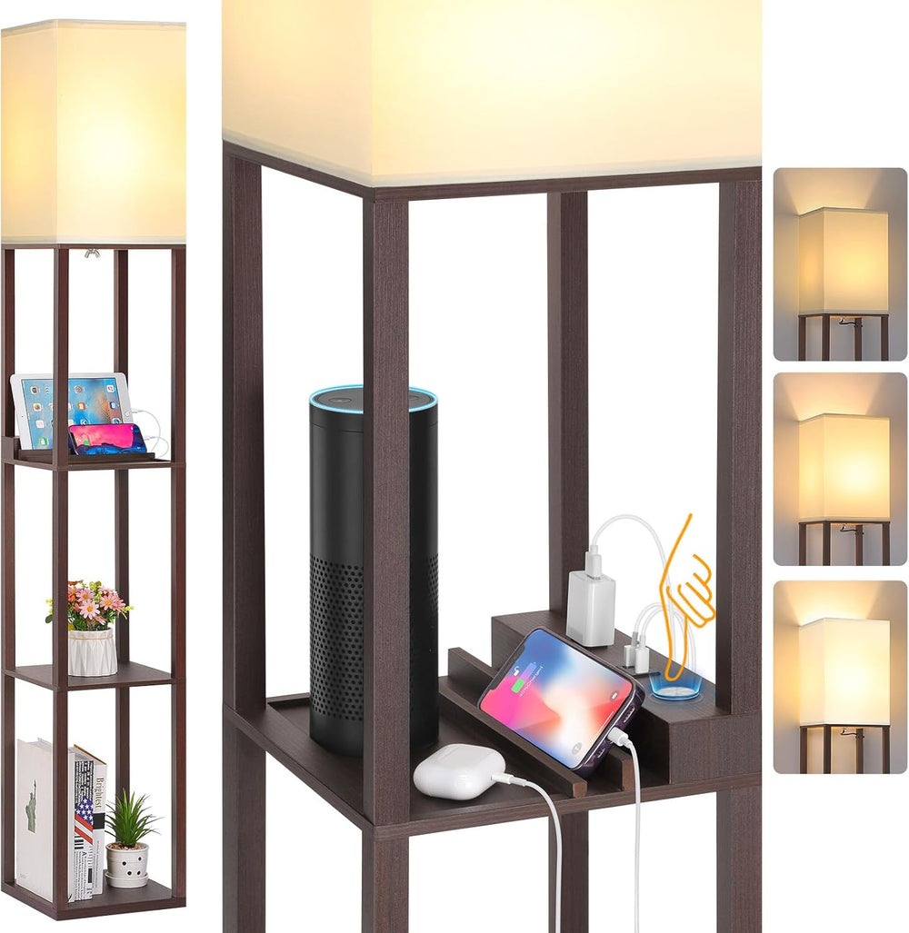 FOLKSMATE Floor Lamp with Shelves Touch Control Charging USB Type C Brown