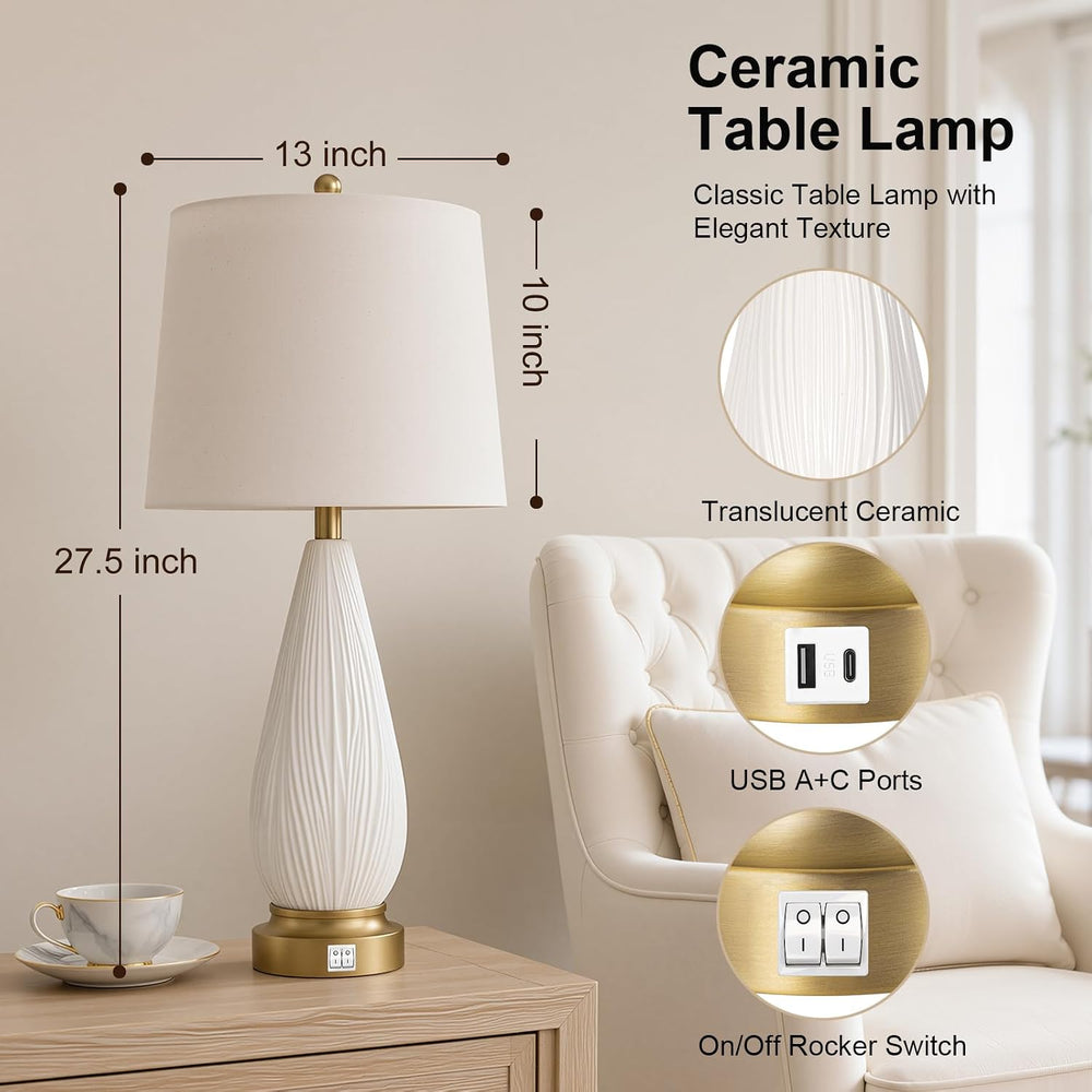27.5" Translucent Ceramic Table Lamps Set of 2 with Night Light for Bedroom