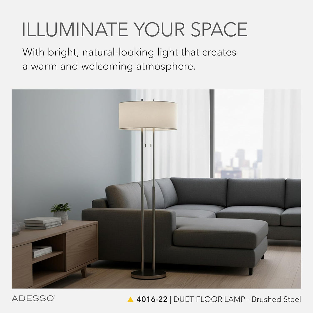 Adesso 2-Light Floor Lamp, Brushed Steel & Ivory, Dual Pull Chains, 62”