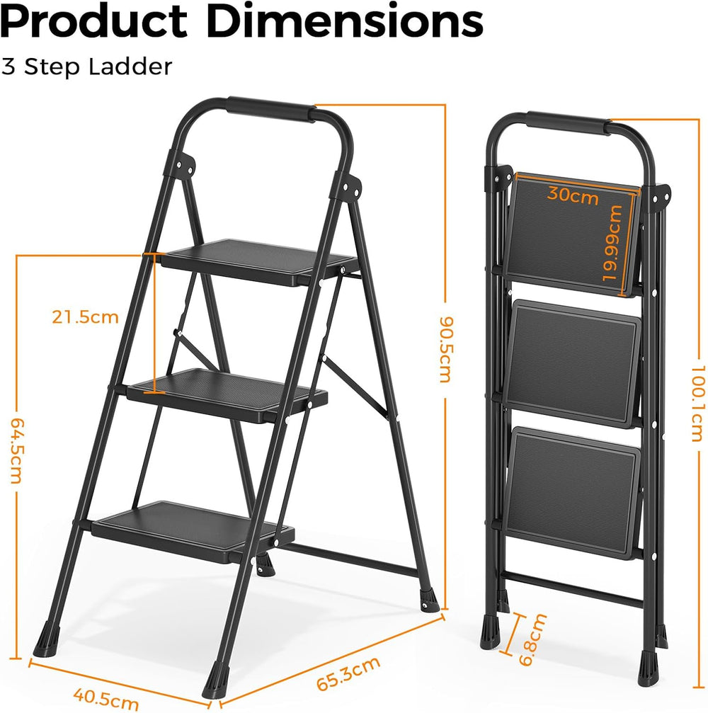 KINGRACK 3 Step Ladder Folding Step Stool with Handrail for Kitchen Black