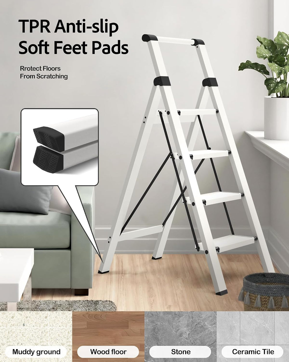 Taranta 4 Step Ladder,Lightweight Aluminum Step Stool Foldable -White