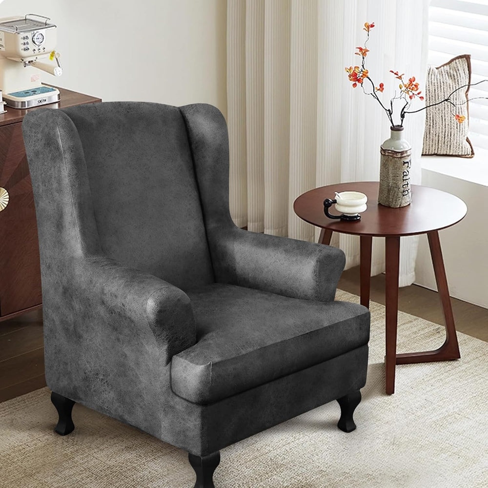 ANARACHON Leather Look Wingback Chair Covers, 2-Piece Wing Chair slipcover, S...
