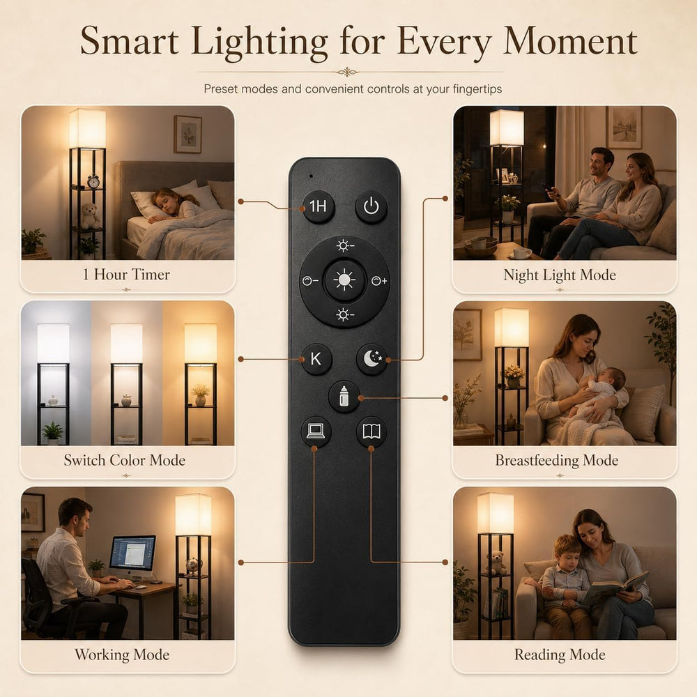 Solid Wood Floor Lamp with Shelves, Dimmable, Remote, for Living Room