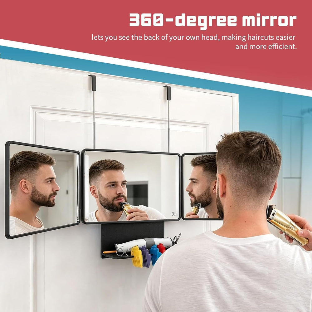 3 Way Mirror for Self Hair Cutting with Storage Shelf, LED Lights