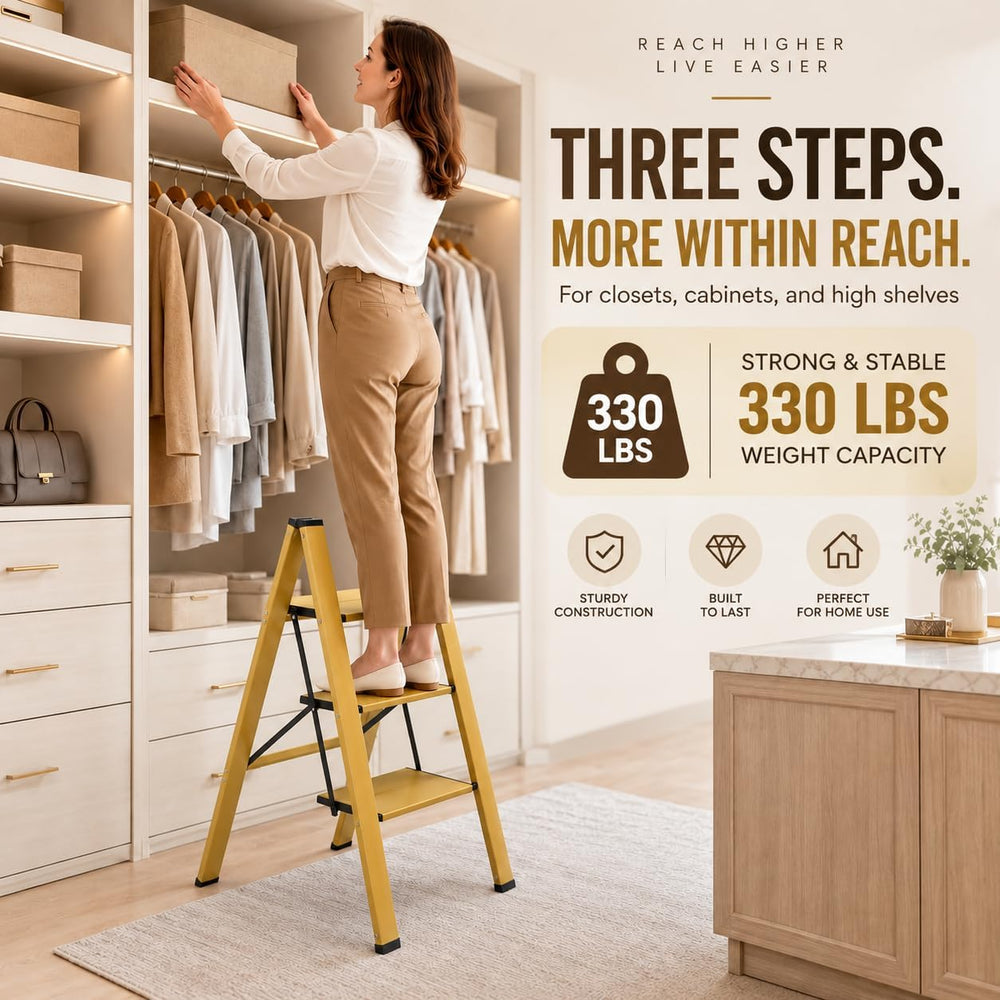 HISMOCAL 3 Step Stool, Gold Aluminum Folding Step Ladder, 330 lb Capacity, Wi...