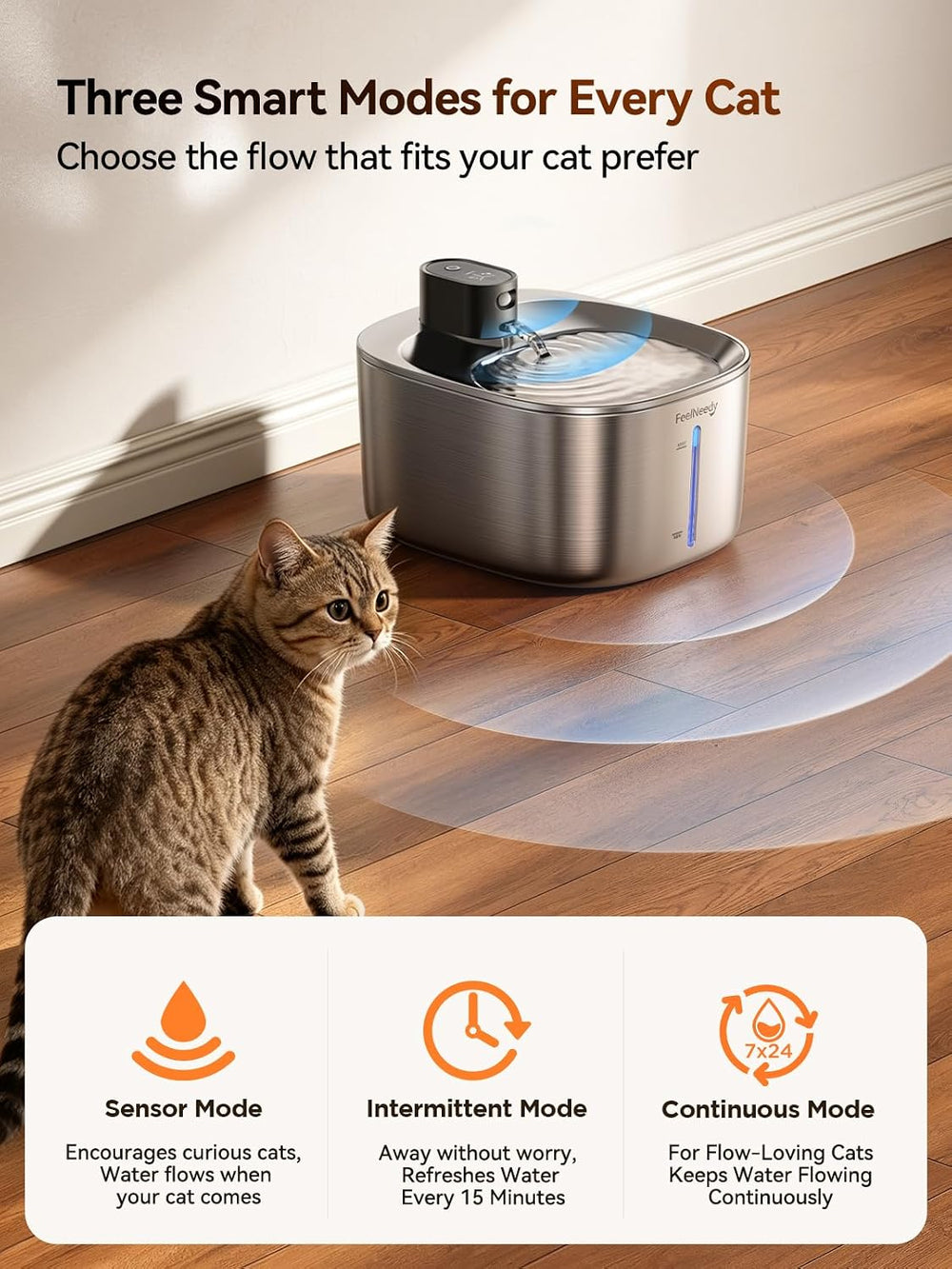 FEELNEEDY Wireless Cat Water Fountain Stainless Steel with Sensor, 4000mAh Ba...
