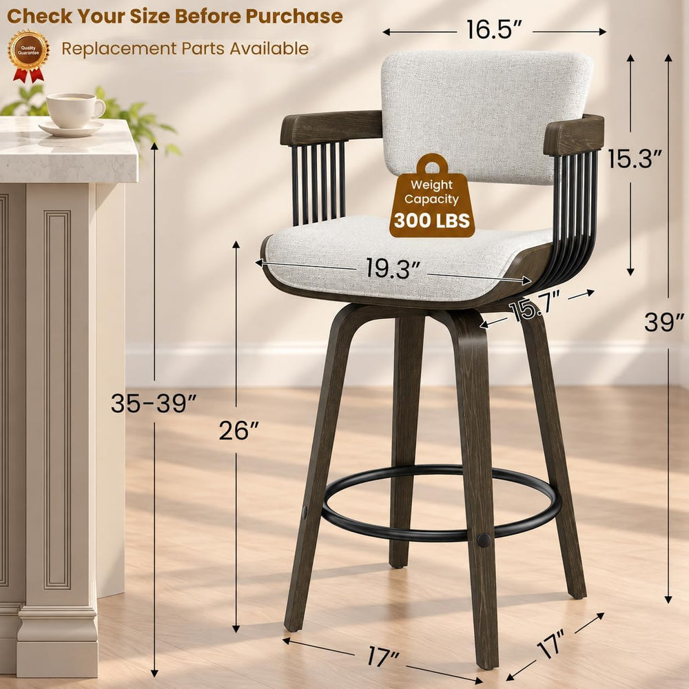 REONEY Mid Century Bar Stools Set of 3, Bentwood Frame, Light Gray Fabric