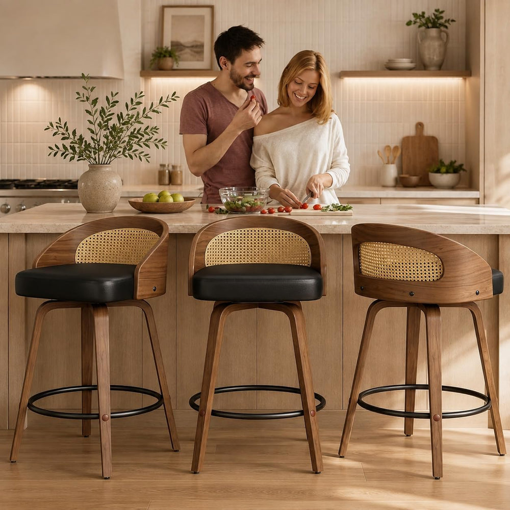REONEY Swivel Bar Stools Set of 4, 26" Counter Height, Rattan Black